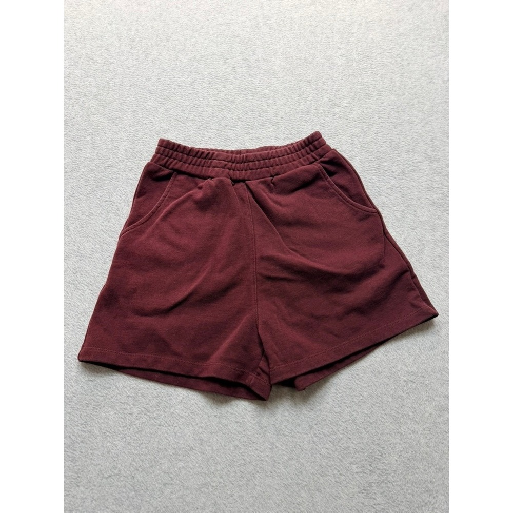Zara Womens High Waisted Sweat Shorts Burgundy Wine Red Cotton Blend Size XS